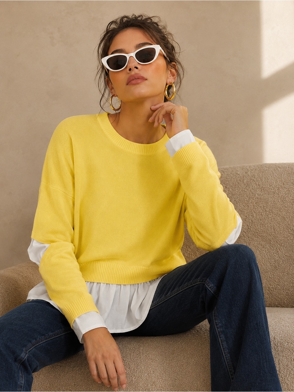 By Anthropologie Yellow 2 in 1 Yellow White Layered‎ Preppy Sweate